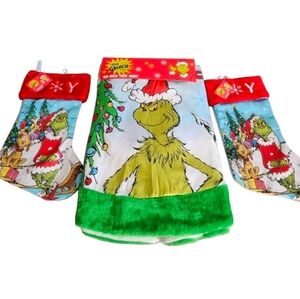 The Grinch 48” Christmas Tree Skirt + 2 Joy Stockings NWT